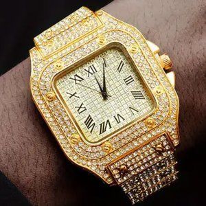 Classic Big Dial Square Cool Hip Hop Style Men's Watch with Stones Gold Plated